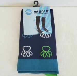 Wave Compression Socks Navy Blue Green White Paw Prints Size L/XL NWT